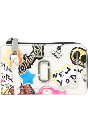 Marc Jacobs Accessoires, Dames, Veelkleurig, ONE Size, Leer, Rode Compacte Portemonnee met Sticker Snapshot