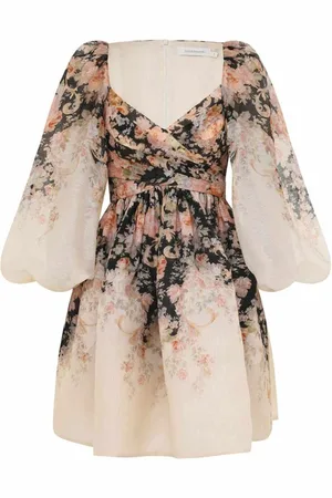 ZIMMERMANN Kleedjes, Dames, Veelkleurig, M, Linnen, Gebloemde Mini-Jurk met Drapering