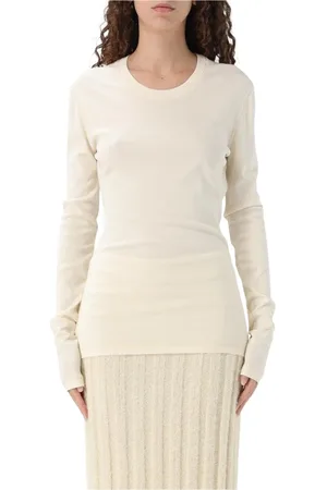 LEMAIRE Tops, Dames, Wit, M, Katoen, Blauwe Geribbelde Gebreide Top