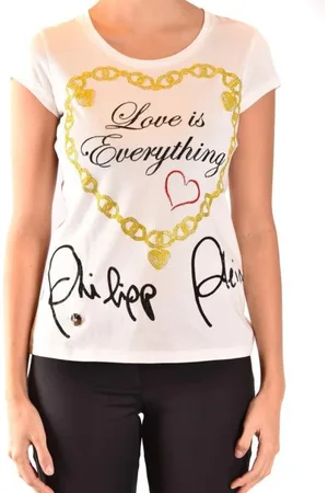 Philipp Plein Tops, Dames, Wit, M, Katoen, T-shirt met Multicolor Tekstprint