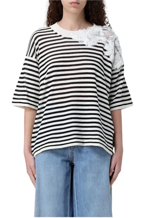 ERMANNO SCERVINO Tops, Dames, Veelkleurig, S, Gestreepte Gebreide Top met Bloemenapplicatie