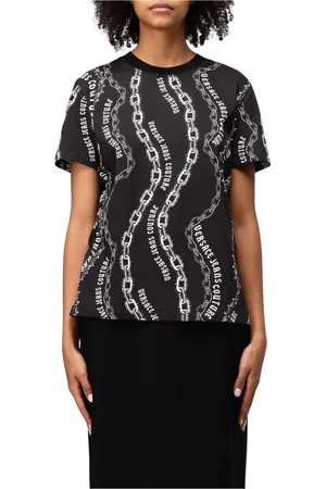 VERSACE Tops, Dames, Zwart, M, Katoen, Kettingprint T-shirt Casual Stijl