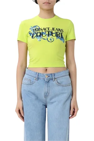 VERSACE Tops, Dames, Groen, 2Xs, Iconische Logo Print Zwart T-Shirt
