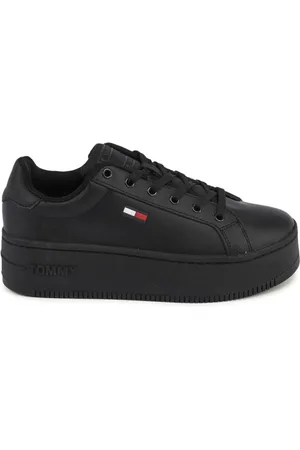Tommy Hilfiger Schoenen, Dames, Zwart, 39 EU, Leer, Zwarte Sneaker met Gedetailleerd Ontwerp