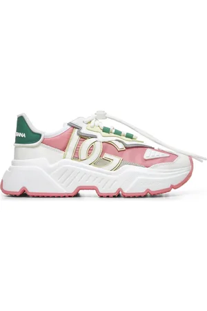 Dolce & Gabbana Schoenen, Dames, Veelkleurig, 39 1/2 EU, Leer, Witte Veterschoenen met Groene Inzet
