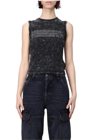 Diesel Tops, Dames, Zwart, S, Roze Geribbelde Tanktop met Rits