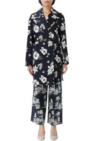 Max Mara Mantels, Dames, Blauw, L, Blauwe Bloemenprint Ceintuurjas