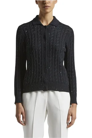 PESERICO SIGN Truien, Dames, Blauw, 2Xs, Katoen, Puur katoenen cordonetto vest met pailletten