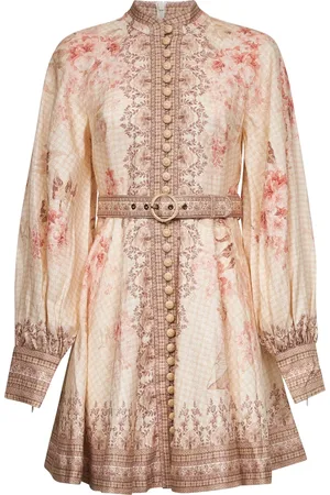 ZIMMERMANN Kleedjes, Dames, Veelkleurig, S, Linnen, Bloemenprint Linnen Jurk Koraalkleur