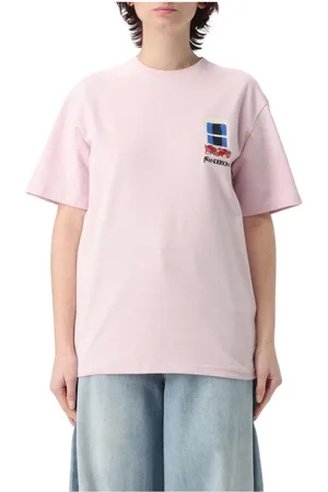 J.W.Anderson Tops, Dames, Roze, S, Katoen, Wit Geborduurd Raam T-Shirt