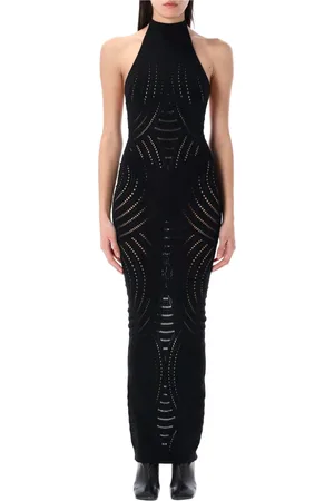 MISBHV Kleedjes, Dames, Zwart, M/L, Mesh Halternek Lange Jurk met Openwerk