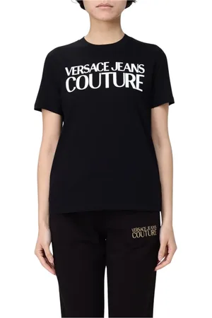 VERSACE Tops, Dames, Zwart, XS, Grafische Print T-shirt met Logo Detail