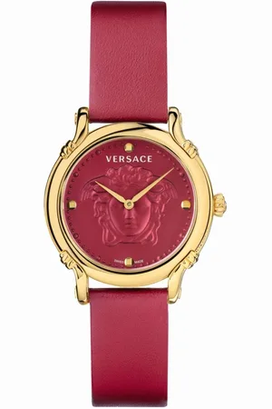 VERSACE Accessoires, Dames, Rood, ONE Size, Safety Pin Leren Band Horloge