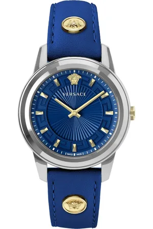 VERSACE Accessoires, Dames, Blauw, ONE Size, Greca Leren Armbandhorloge met Studs