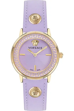 VERSACE Accessoires, Dames, Paars, ONE Size, Tribute Leren Horloge Paars Goud