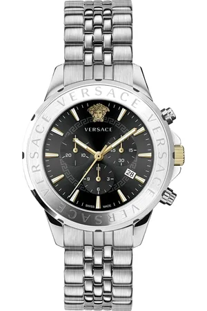 VERSACE Accessoires, Heren, Grijs, ONE Size, Chronograaf Handtekening Staal Zwart Wijzerplaat Horloge