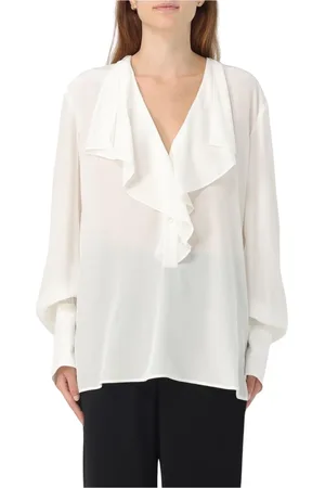 Max Mara Blouses & Shirts, Dames, Wit, L, Gerimpelde Zijden Blouse V-Hals Elegant