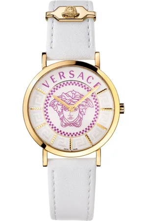 VERSACE Accessoires, Dames, Geel, ONE Size, Essential Dameshorloge Goud Lerenband Wit