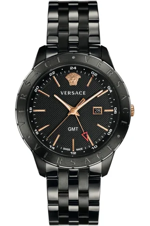 VERSACE Accessoires, Heren, Zwart, ONE Size, Herenhorloge Zwart Stalen Band GMT