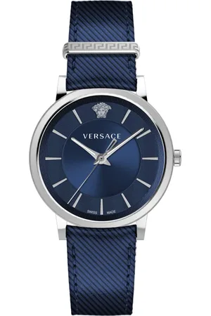 VERSACE Accessoires, Heren, Grijs, ONE Size, Blauwe wijzerplaat cirkel horloge