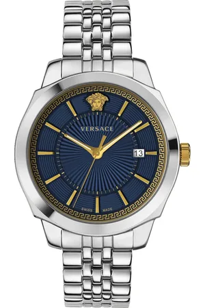 VERSACE Accessoires, Heren, Grijs, ONE Size, Icon Classic Blauw Roestvrij Stalen Horloge