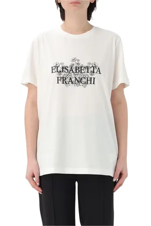 Elisabetta Franchi Tops, Dames, Wit, M, Katoen, Bloemen Logo Katoenen T-Shirt