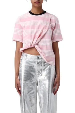 Msgm Tops, Dames, Roze, S, Katoen, Roze Gestreept T-shirt met Korte Mouwen