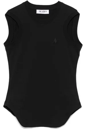 The Attico Tops, Dames, Zwart, 2Xs, Katoen, Top zonder mouwen met ronde hals en borduursel