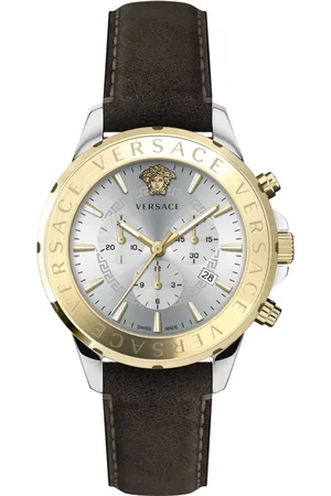 VERSACE Accessoires, Heren, Veelkleurig, ONE Size, Chrono Signat. 44 Donkerbruin Leren Horloge