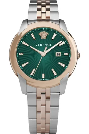 VERSACE Accessoires, Heren, Grijs, ONE Size, Urban Roestvrijstalen Horloge Groene Wijzerplaat