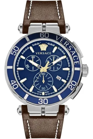 VERSACE Accessoires, Heren, Grijs, ONE Size, Leer, Greca Chrono Herenhorloge Bruin Leer