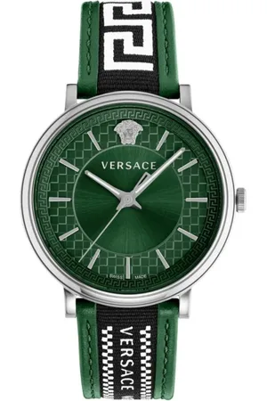 VERSACE Accessoires, Heren, Veelkleurig, ONE Size, Militair Groene Wijzerplaat Leren Horloge