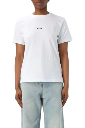 Msgm Tops, Dames, Wit, M, Katoen, Roze Logo T-shirt