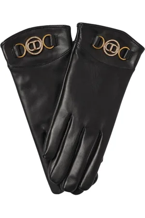 Twin-Set Accessoires, Dames, Zwart, L, Leer, Zwarte Leren Handschoenen met Metalen Detail