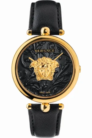 VERSACE Accessoires, Dames, Zwart, ONE Size, Dameshorloge Palazzo Empire 39 mm Medusa op de wijzerplaat Leren band Veco 01420