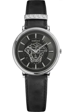 VERSACE Accessoires, Dames, Grijs, ONE Size, Cirkel Leren Horloge Zwart