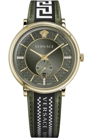 VERSACE Accessoires, Heren, Veelkleurig, ONE Size, V-circle Multifunctioneel Leren Horloge