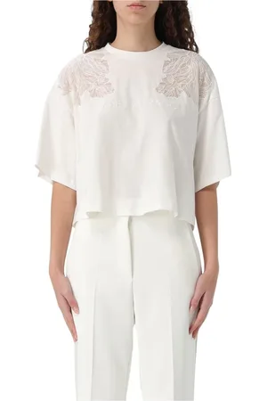 Elisabetta Franchi Blouses & Shirts, Dames, Wit, XL, Zwarte Kant Cropped Tee