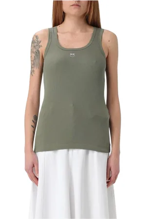 Pinko Tops, Dames, Groen, L, Katoen, Geribbelde Tanktop Slim Fit Casual