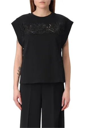 Twin-Set Tops, Dames, Zwart, XS, Katoen, Zwart Kant Detail T-Shirt
