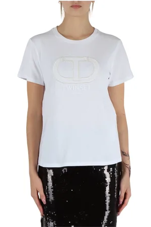 Twin-Set Tops, Dames, Wit, XL, Katoen, Katoenen T-shirt met logoborduursel en kralen