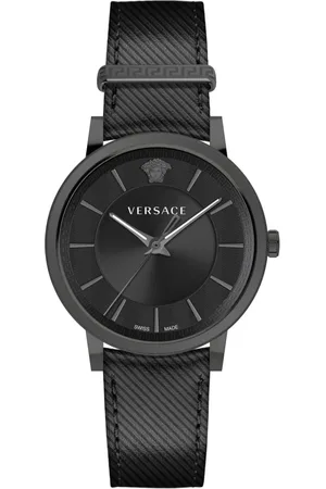 VERSACE Accessoires, Heren, Zwart, ONE Size, Heren Leren Analoge Horloge V Circle