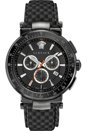 VERSACE Accessoires, Heren, Zwart, ONE Size, Heren Chronograaf Leren Horloge