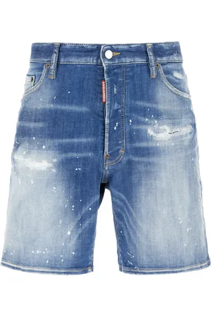 Dsquared2 Korte broeken, Heren, Blauw, L, Denim, Washed Denim Bermuda Shorts met Slijtage