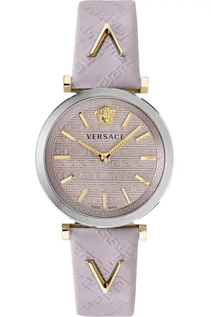 VERSACE Accessoires, Dames, Paars, ONE Size, Leer, Twist Dameshorloge Roze Leer Zilver Goud Staal
