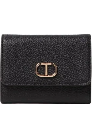 Twin-Set Accessoires, Dames, Zwart, ONE Size, Leer, Elegante Leren Portemonnee met Gouden Sluiting