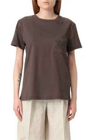 Max Mara Tops, Dames, Bruin, L, Katoen, Geborduurd Logo Wit T-shirt