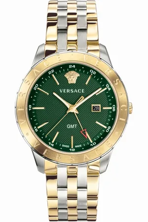 VERSACE Accessoires, Heren, Geel, ONE Size, Heren Roestvrij Stalen Datum Venster Horloge