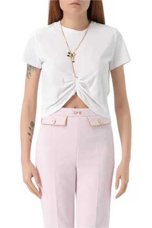 Elisabetta Franchi Tops, Dames, Wit, M, Witte Geknoopte Korte Mouw Sweater