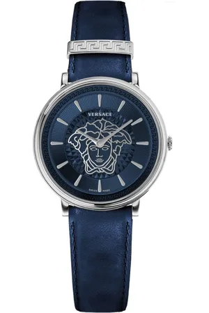 VERSACE Accessoires, Dames, Grijs, ONE Size, V Circle Leren Band Horloge Zwart